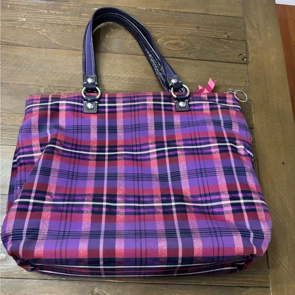 Coach Poppy Tartan Plaid Glam Tote Bag - Picture 3 of 15